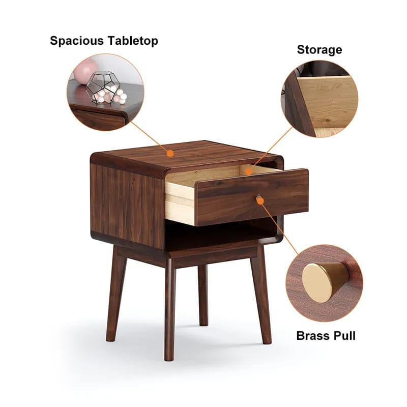 Table de chevet rustique en bois de noyer, 1 tiroir, avec poignée en laiton