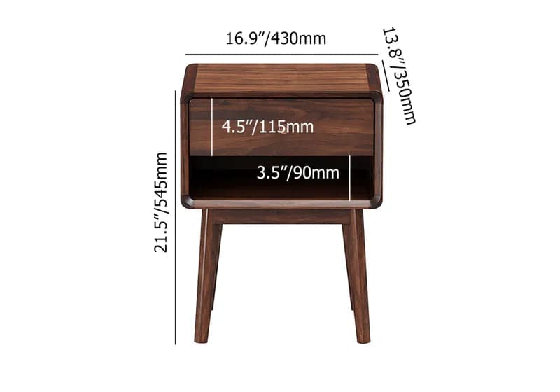 Table de chevet rustique en bois de noyer, 1 tiroir, avec poignée en laiton