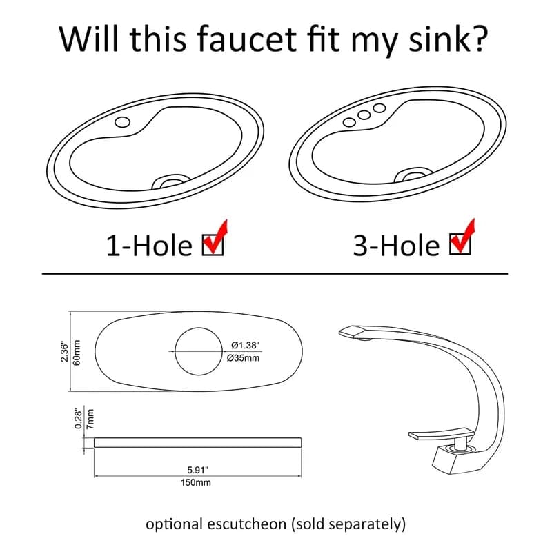 Robinet de lavabo de salle de bain monotrou à 1 poignée, bec incurvé avec bonde escamotable