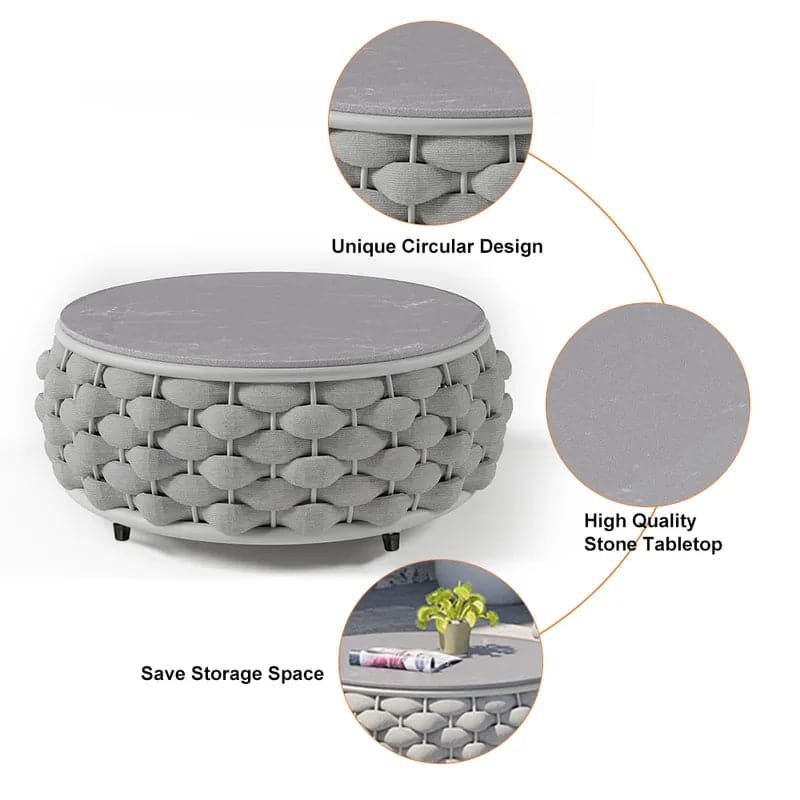 Table basse ronde avec plateau en pierre frittée et base tissée en corde textilène