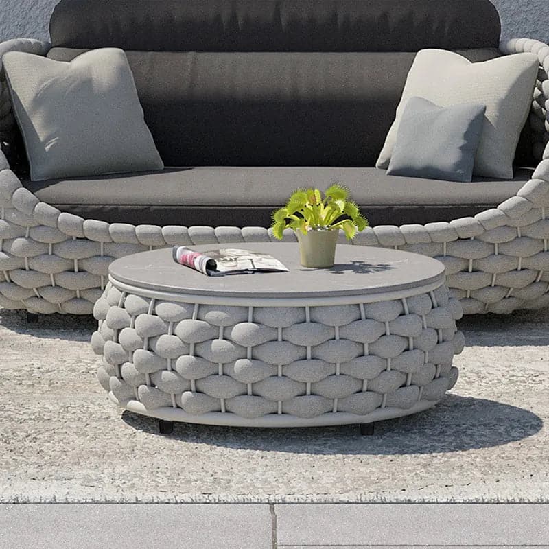 Sintered Stone-top Round Coffee Table with Textilene Rope Woven Base