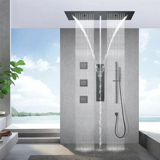 Thermostatic Rain Shower System 6 Functions Massage Music Remote Controlled LED in Black