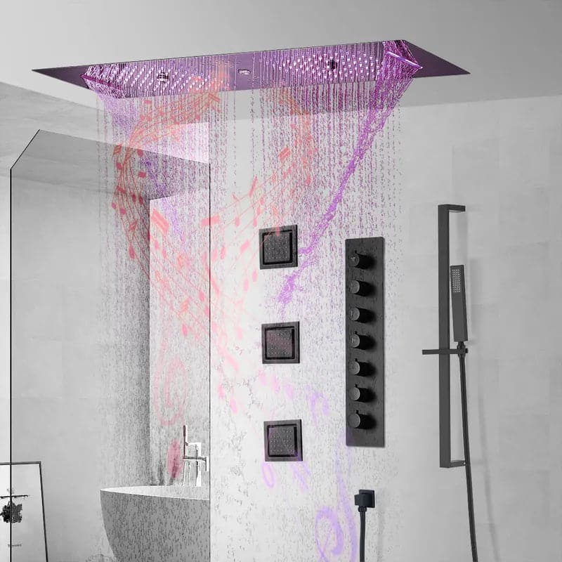 Thermostatic Rain Shower System 6 Functions Massage Music Remote Controlled LED in Black