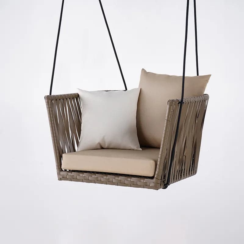 Traditional Outdoor Hanging Chair Rattan Porch Swing Chair with Khaki Cushion Pillow