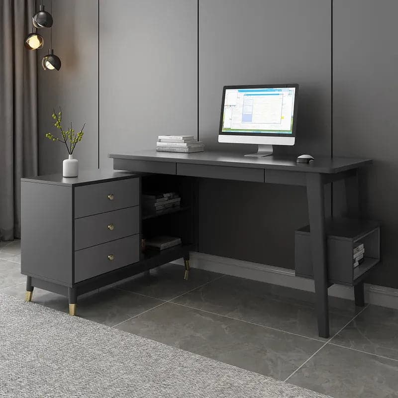 Bureau d'ordinateur réversible en forme de L gris Ultic avec tiroirs et étagère, grand espace de rangement