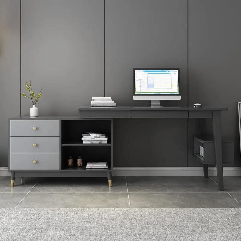 Bureau d'ordinateur réversible en forme de L gris Ultic avec tiroirs et étagère, grand espace de rangement