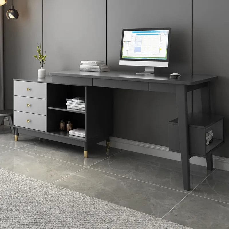 Bureau d'ordinateur réversible en forme de L gris Ultic avec tiroirs et étagère, grand espace de rangement