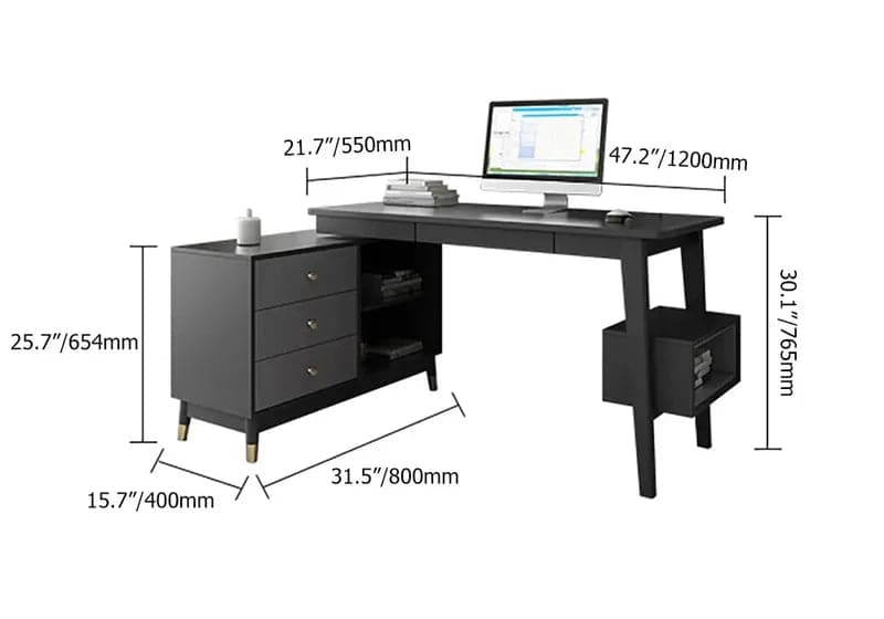 Bureau d'ordinateur réversible en forme de L gris Ultic avec tiroirs et étagère, grand espace de rangement