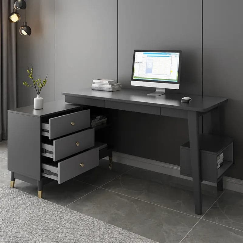 Bureau d'ordinateur réversible en forme de L gris Ultic avec tiroirs et étagère, grand espace de rangement