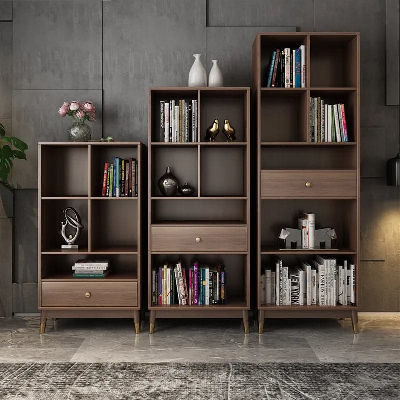 Ultic Modern Walnut Bookshelf Bookcase with Metal Frame and Drawer