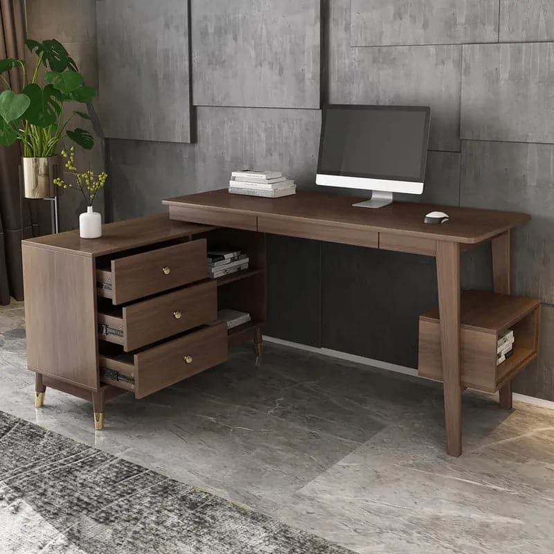 Bureau d'ordinateur en bois en forme de L en noyer Ultic avec tiroirs de rangement et étagère