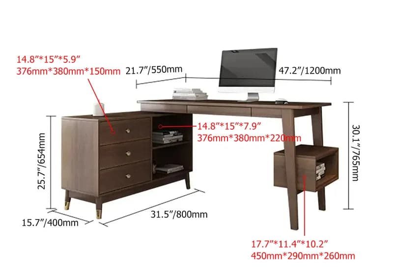 Bureau d'ordinateur en bois en forme de L en noyer Ultic avec tiroirs de rangement et étagère