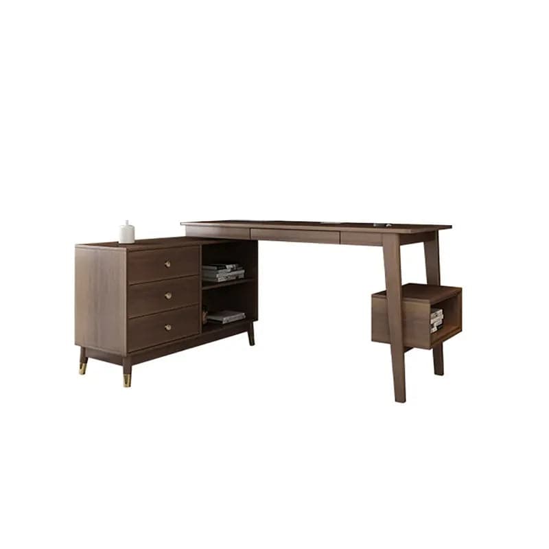 Bureau d'ordinateur en bois en forme de L en noyer Ultic avec tiroirs de rangement et étagère