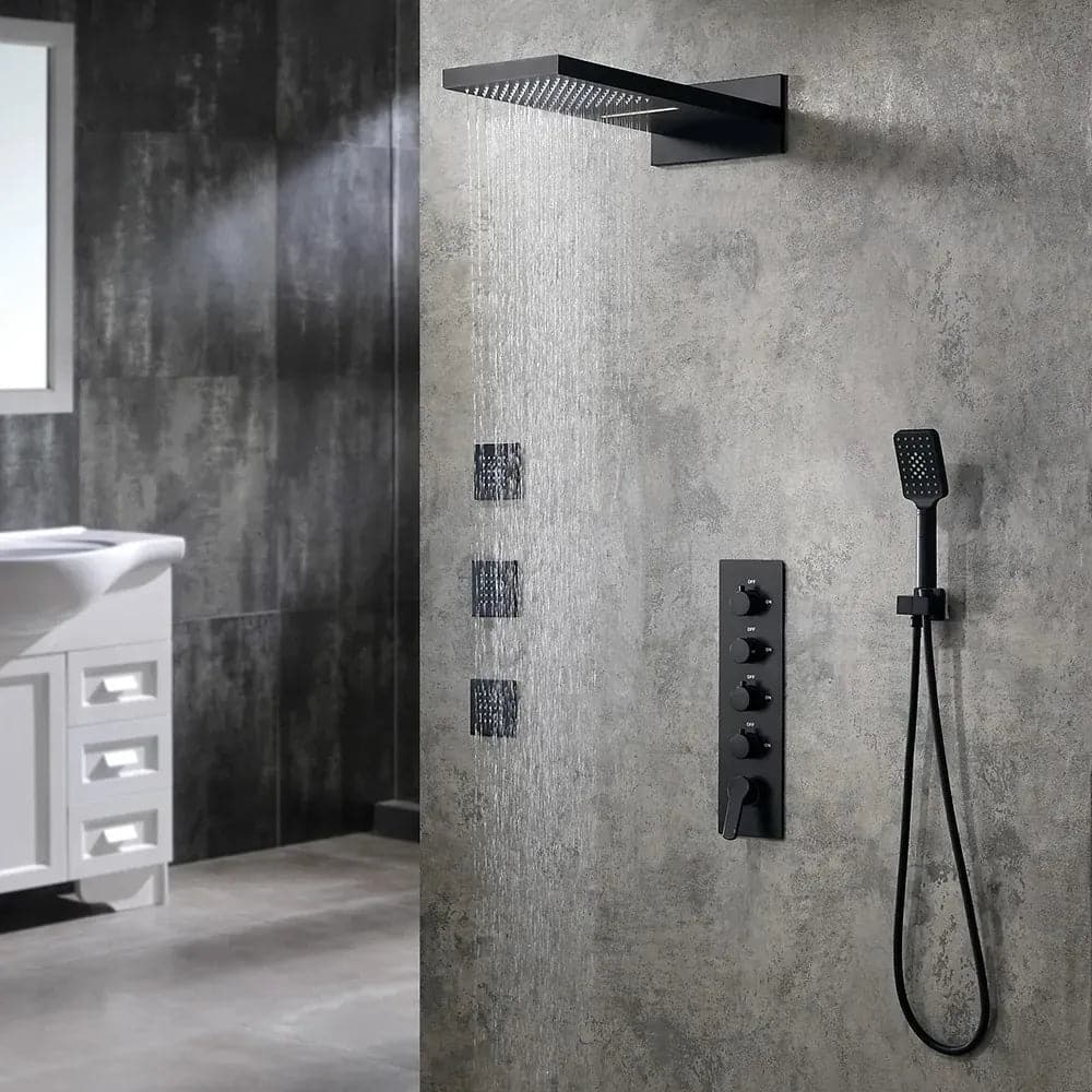 Wall Mounted Waterfall Rain Shower System with 3 Body Sprays in Matte Black Solid Brass