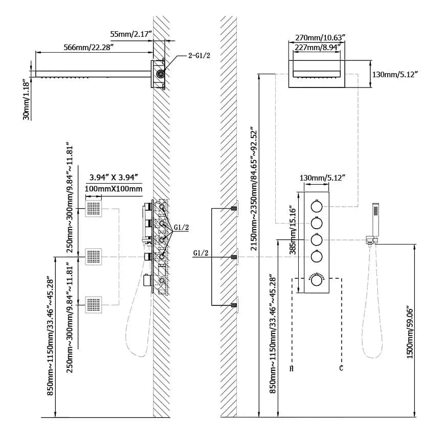 Wall Mounted Waterfall Rain Shower System with 3 Body Sprays in Matte Black Solid Brass