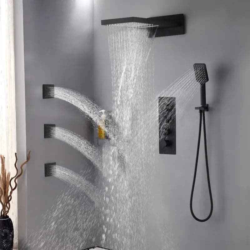 Wall Mounted Waterfall Rain Shower System with 3 Body Sprays in Matte Black Solid Brass