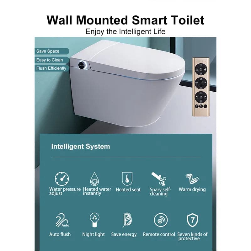 White Elongated Smart One-Piece Wall Mounted Automatic Toilet with In-Wall Tank