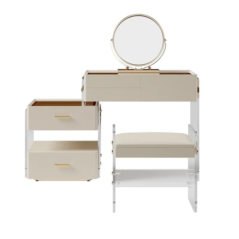 Ensemble de vanité de maquillage extensible flottant blanc en acrylique avec miroir, tabouret et tiroirs