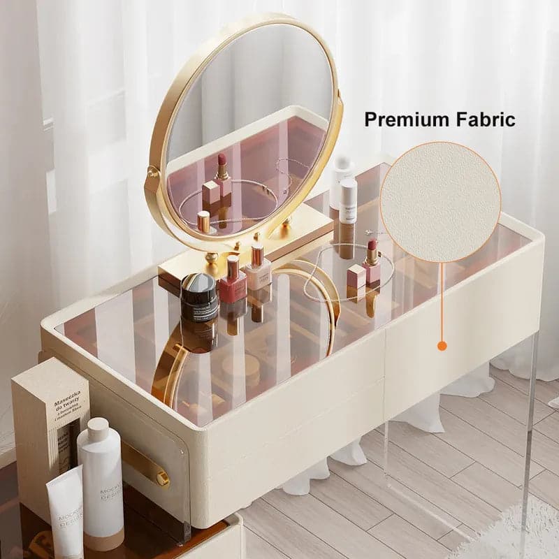 Ensemble de vanité de maquillage extensible flottant blanc en acrylique avec miroir, tabouret et tiroirs