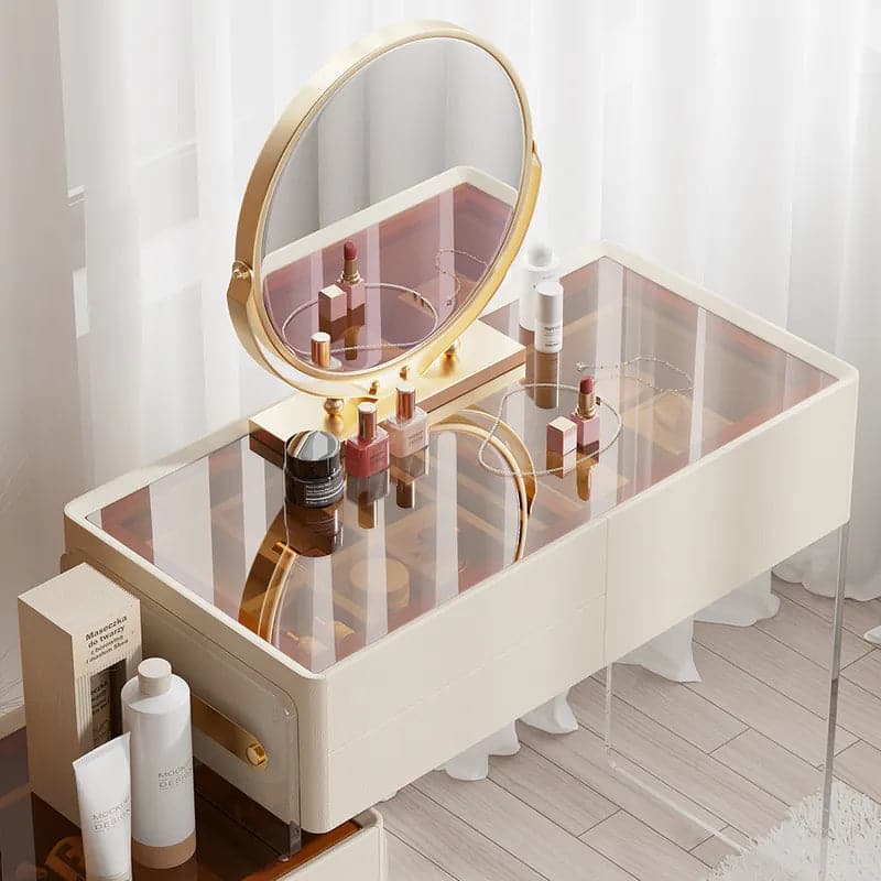 Ensemble de vanité de maquillage extensible flottant blanc en acrylique avec miroir, tabouret et tiroirs