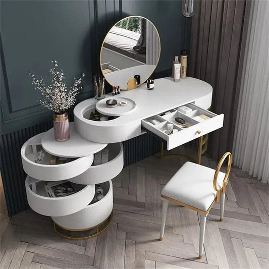 White Makeup Vanity Dressing Table with Swivel Cabinet Mirror and Stool Included#White