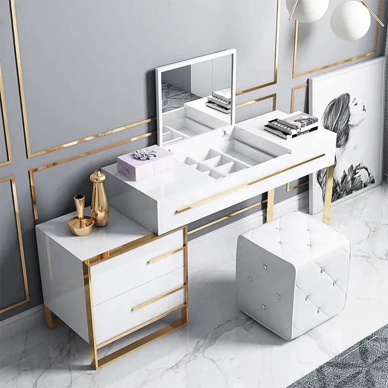 WhiteMakeupVanitywithStorage_FlipTopMirror4Drawers_GoldenBase#White