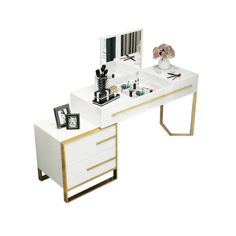 WhiteMakeupVanitywithStorage_FlipTopMirror4Drawers_GoldenBase#White