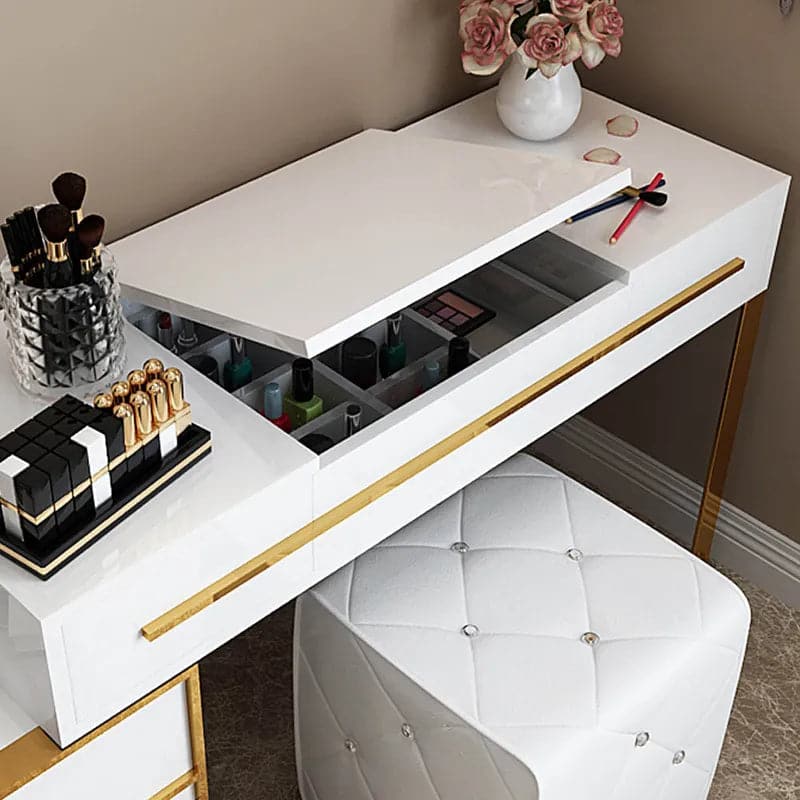 WhiteMakeupVanitywithStorage_FlipTopMirror4Drawers_GoldenBase#White