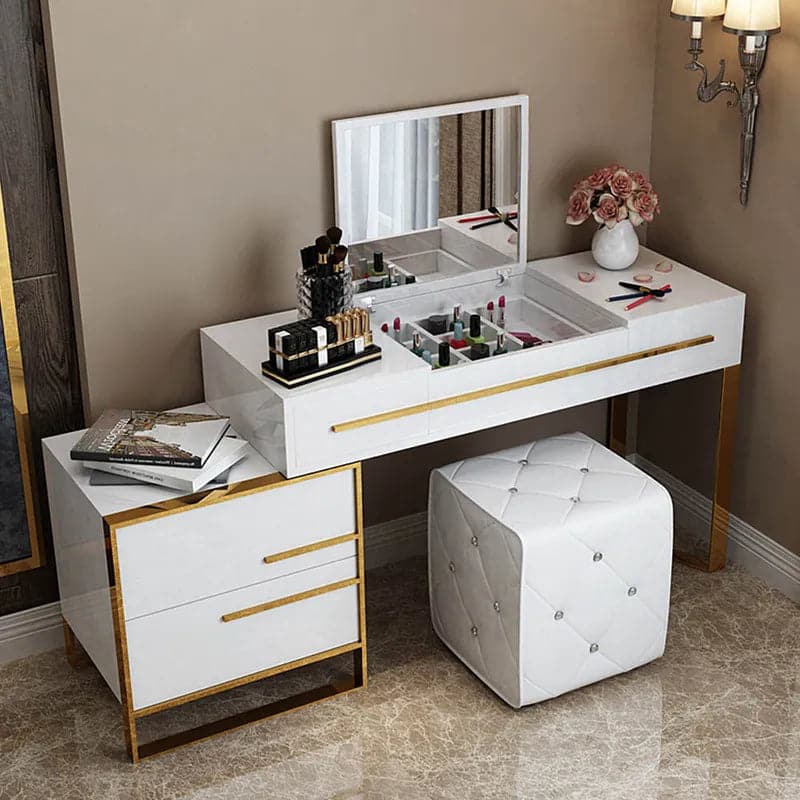 WhiteMakeupVanitywithStorage_FlipTopMirror4Drawers_GoldenBase#White