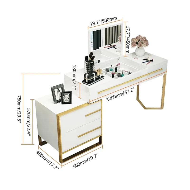 WhiteMakeupVanitywithStorage_FlipTopMirror4Drawers_GoldenBase#White