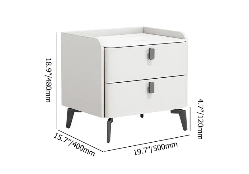 White Nightstand with 2 Drawers Faux Leather Bedside Table with Sintered Stone Top