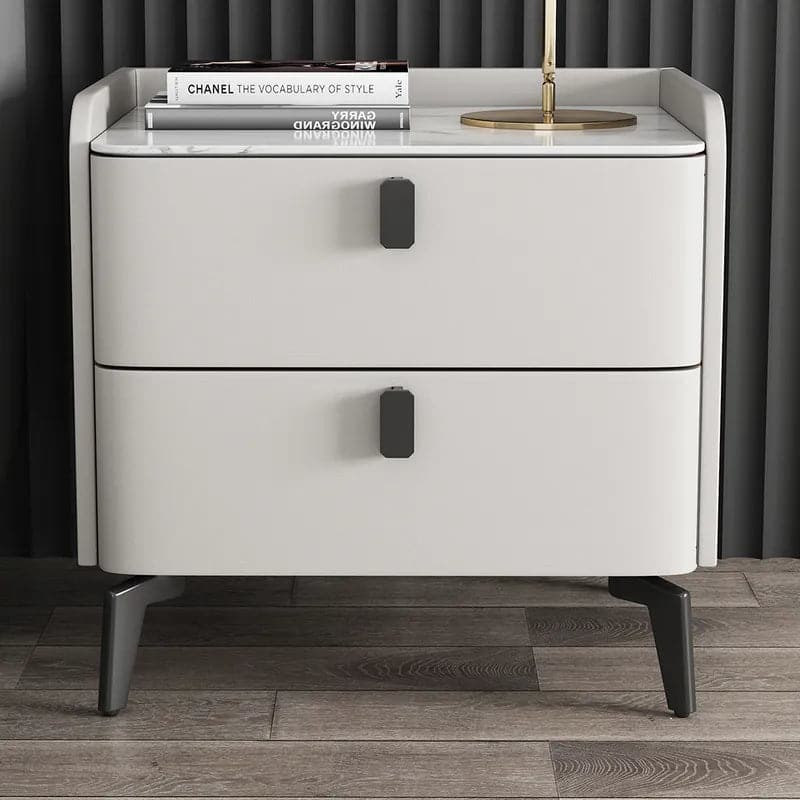 White Nightstand with 2 Drawers Faux Leather Bedside Table with Sintered Stone Top