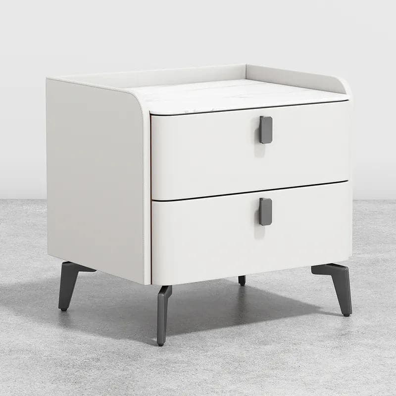 White Nightstand with 2 Drawers Faux Leather Bedside Table with Sintered Stone Top