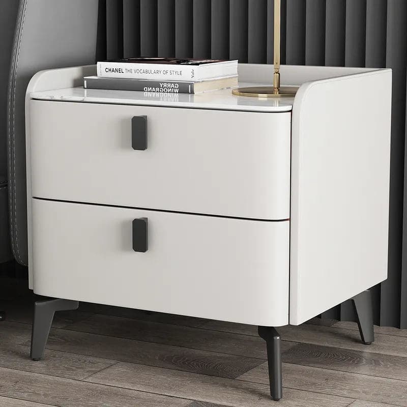 White Nightstand with 2 Drawers Faux Leather Bedside Table with Sintered Stone Top