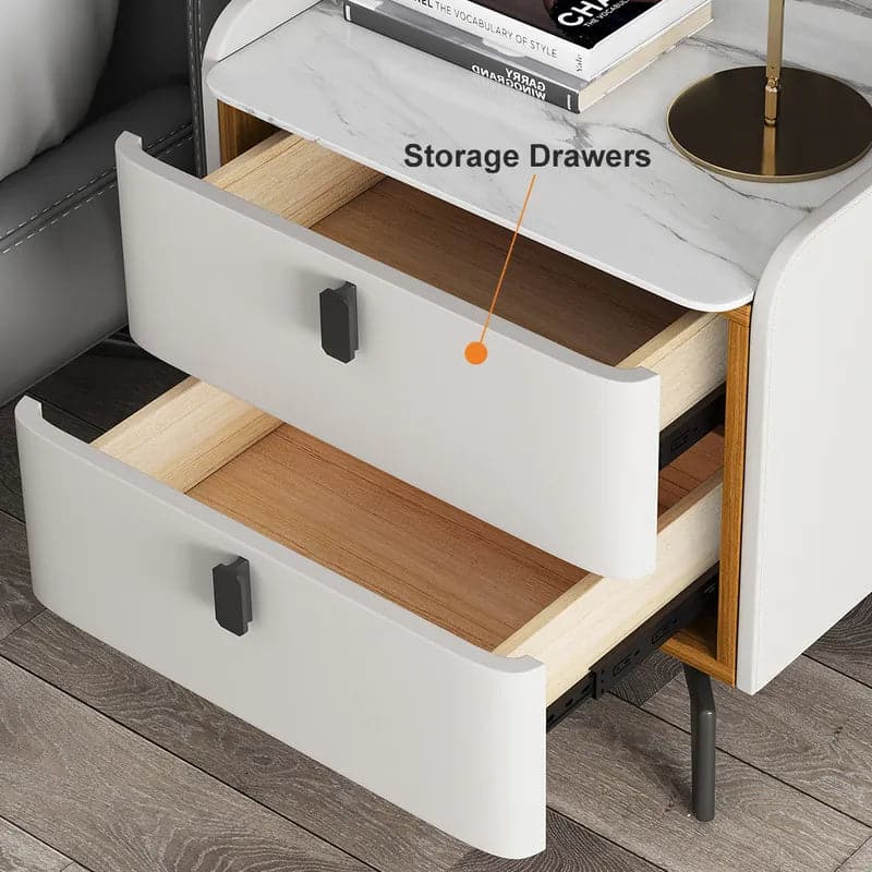 White Nightstand with 2 Drawers Faux Leather Bedside Table with Sintered Stone Top