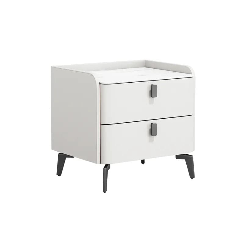 White Nightstand with 2 Drawers Faux Leather Bedside Table with Sintered Stone Top