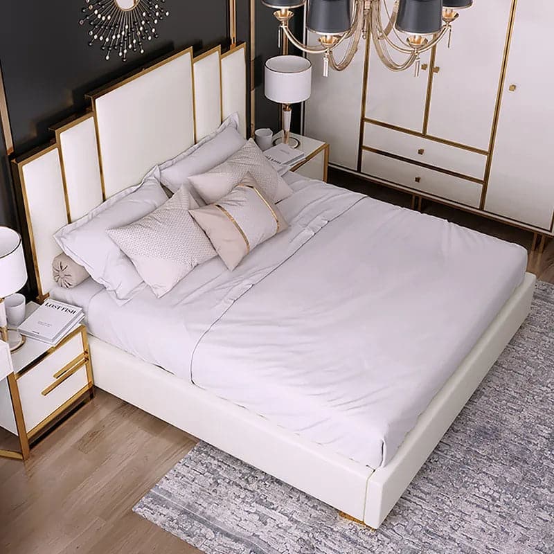 White Platform Bed Faux Leather Cal King Bed with Geometric Upholstered Headboard