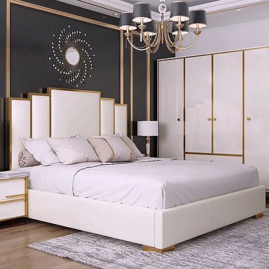 White Platform Bed Faux Leather Cal King Bed with Geometric Upholstered Headboard