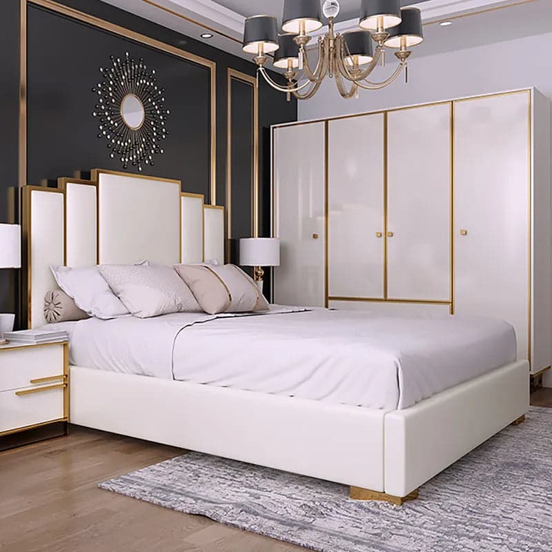 White Platform Bed Faux Leather Cal King Bed with Geometric Upholstered Headboard