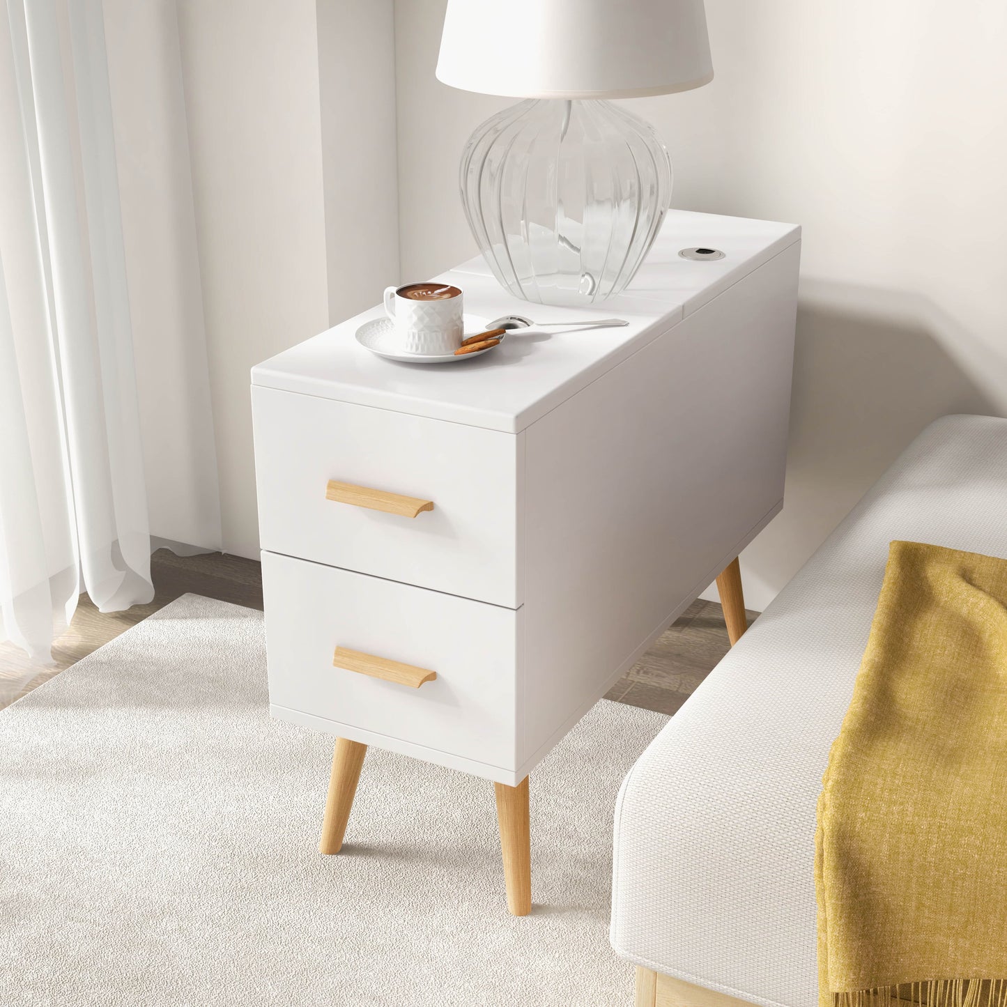 White Rectangle End Table with Drawers Modern Sofa Side Table for Living Room