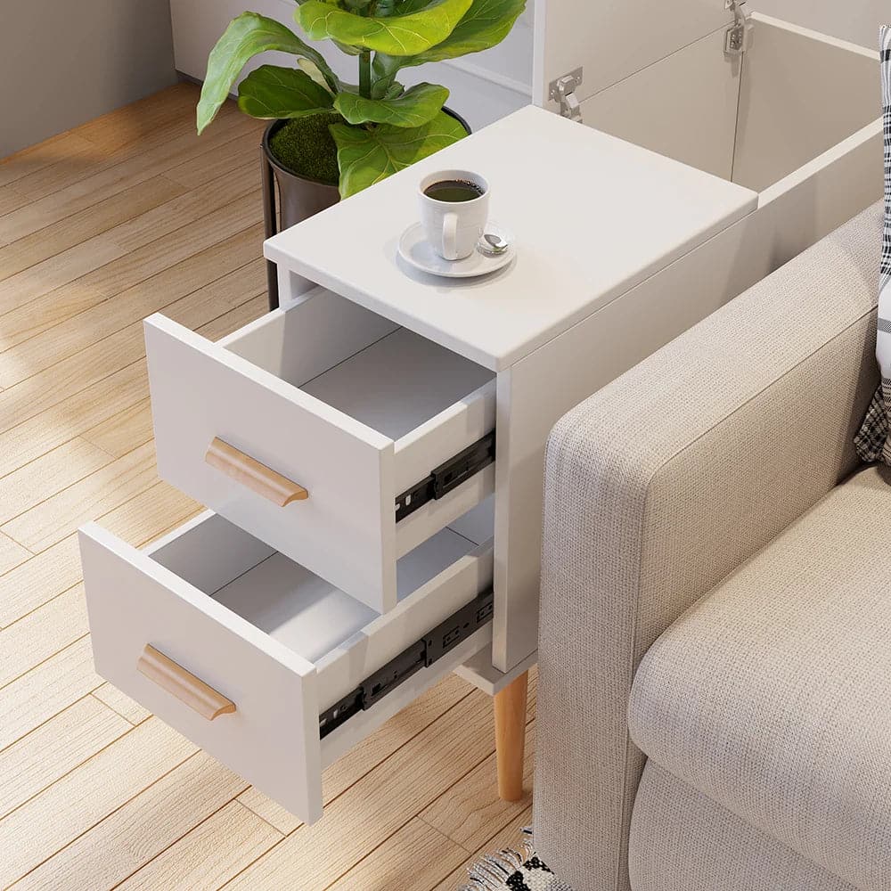 White Rectangle End Table with Drawers Modern Sofa Side Table for Living Room