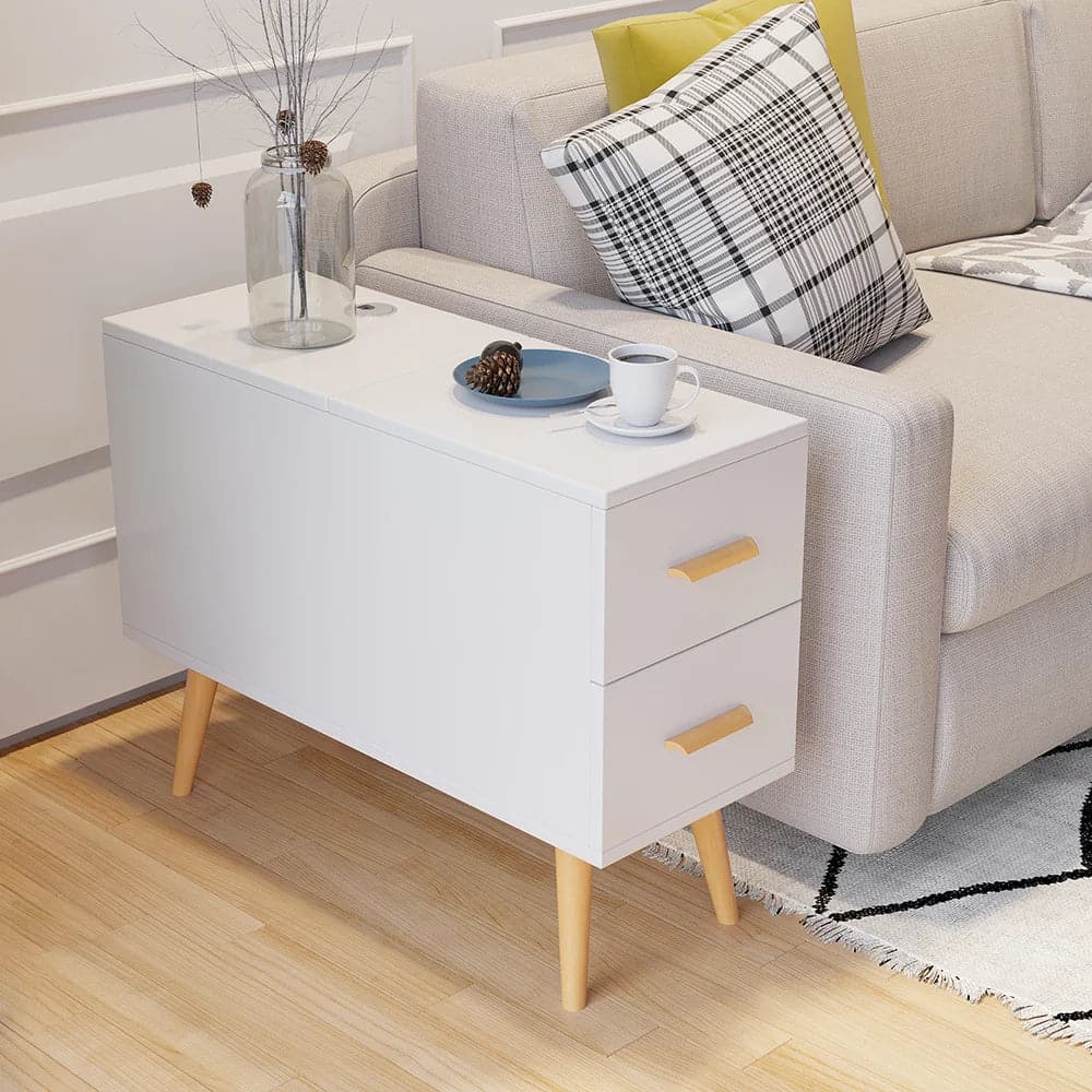 White Rectangle End Table with Drawers Modern Sofa Side Table for Living Room