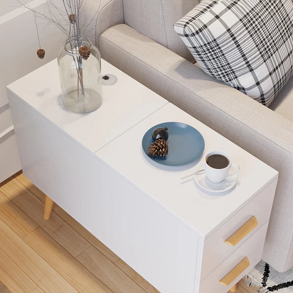 White Rectangle End Table with Drawers Modern Sofa Side Table for Living Room