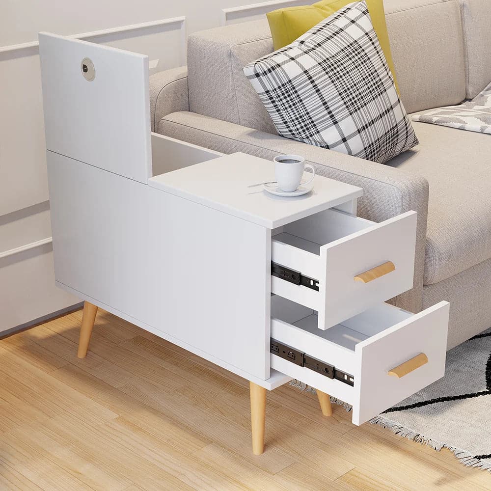 White Rectangle End Table with Drawers Modern Sofa Side Table for Living Room