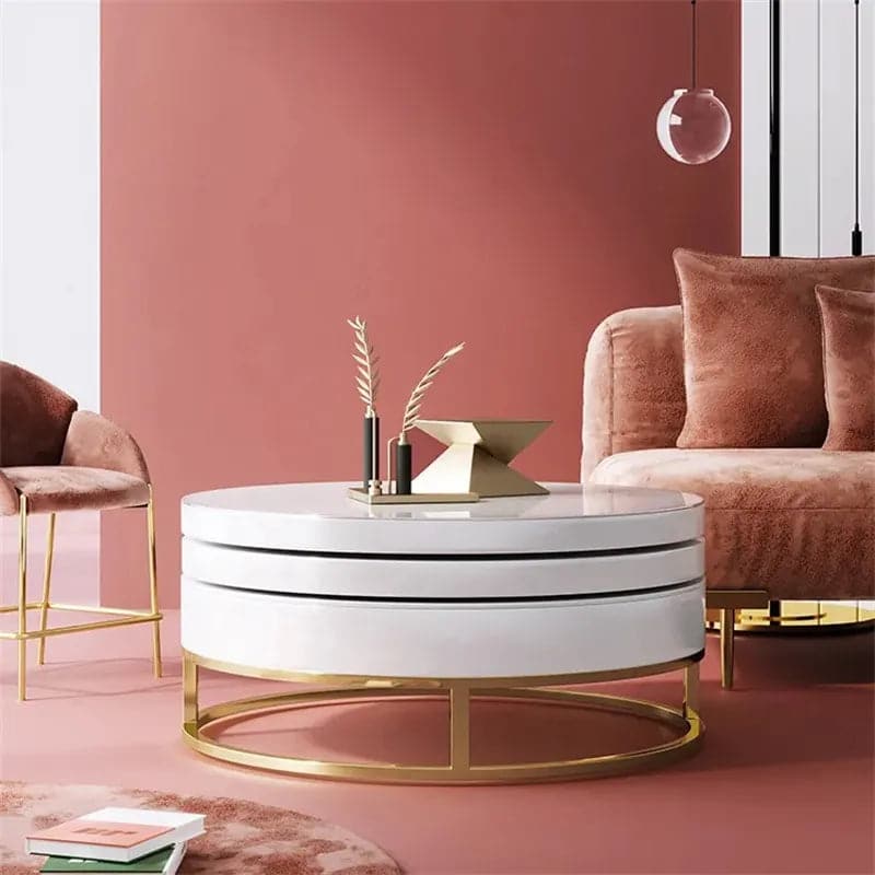 Round Wood Swivel Modern Coffee Table with Storage#White