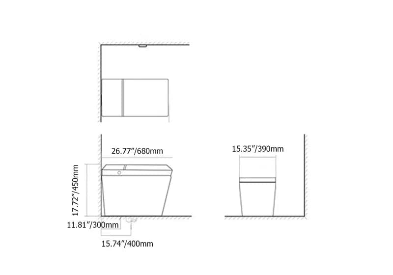 Toilette carrée monobloc intelligente blanche avec télécommande et couvercle automatique