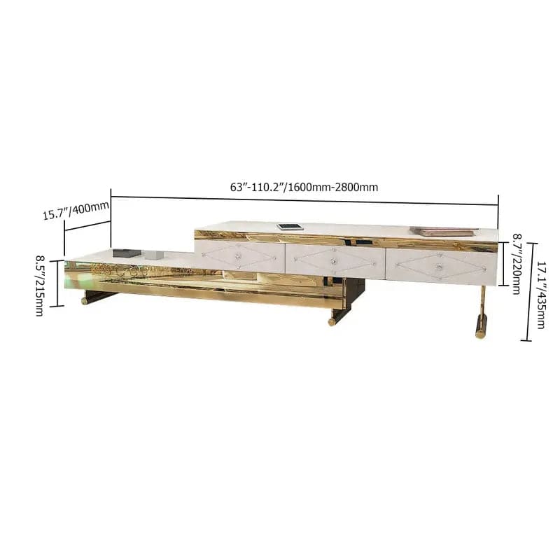 Meuble TV blanc avec dessus en verre trempé, meuble de divertissement extensible à 3 tiroirs en or