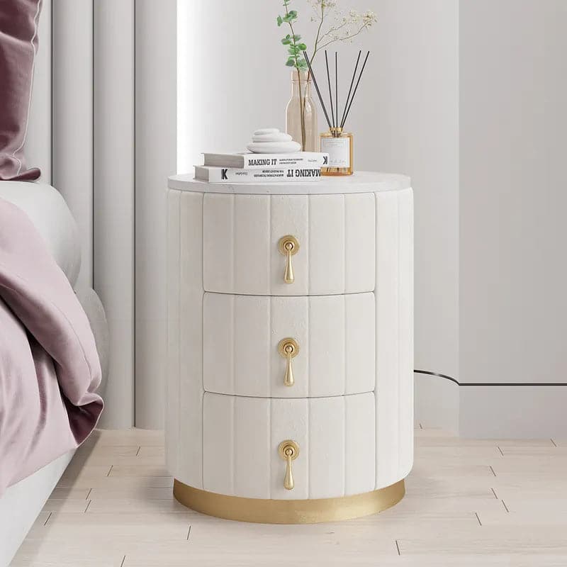 White Velvet Nightstand with Storage Round Nightstand with 3 Drawers Stone Top