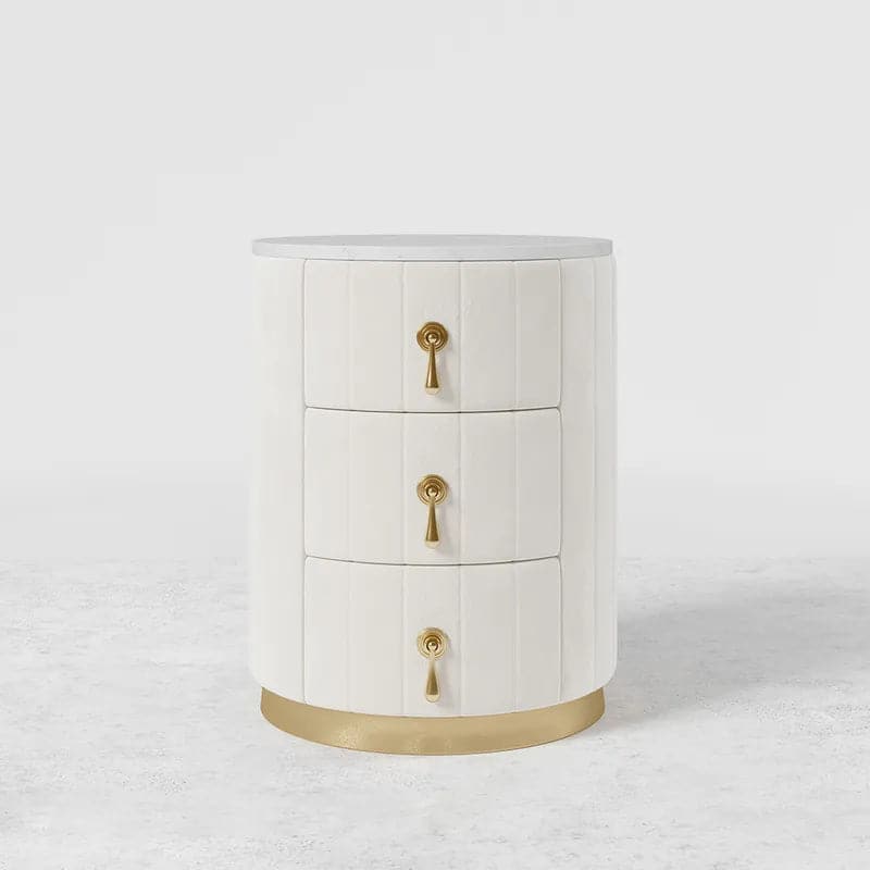 White Velvet Nightstand with Storage Round Nightstand with 3 Drawers Stone Top