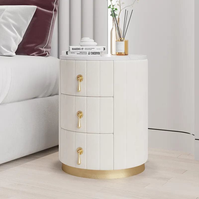 White Velvet Nightstand with Storage Round Nightstand with 3 Drawers Stone Top